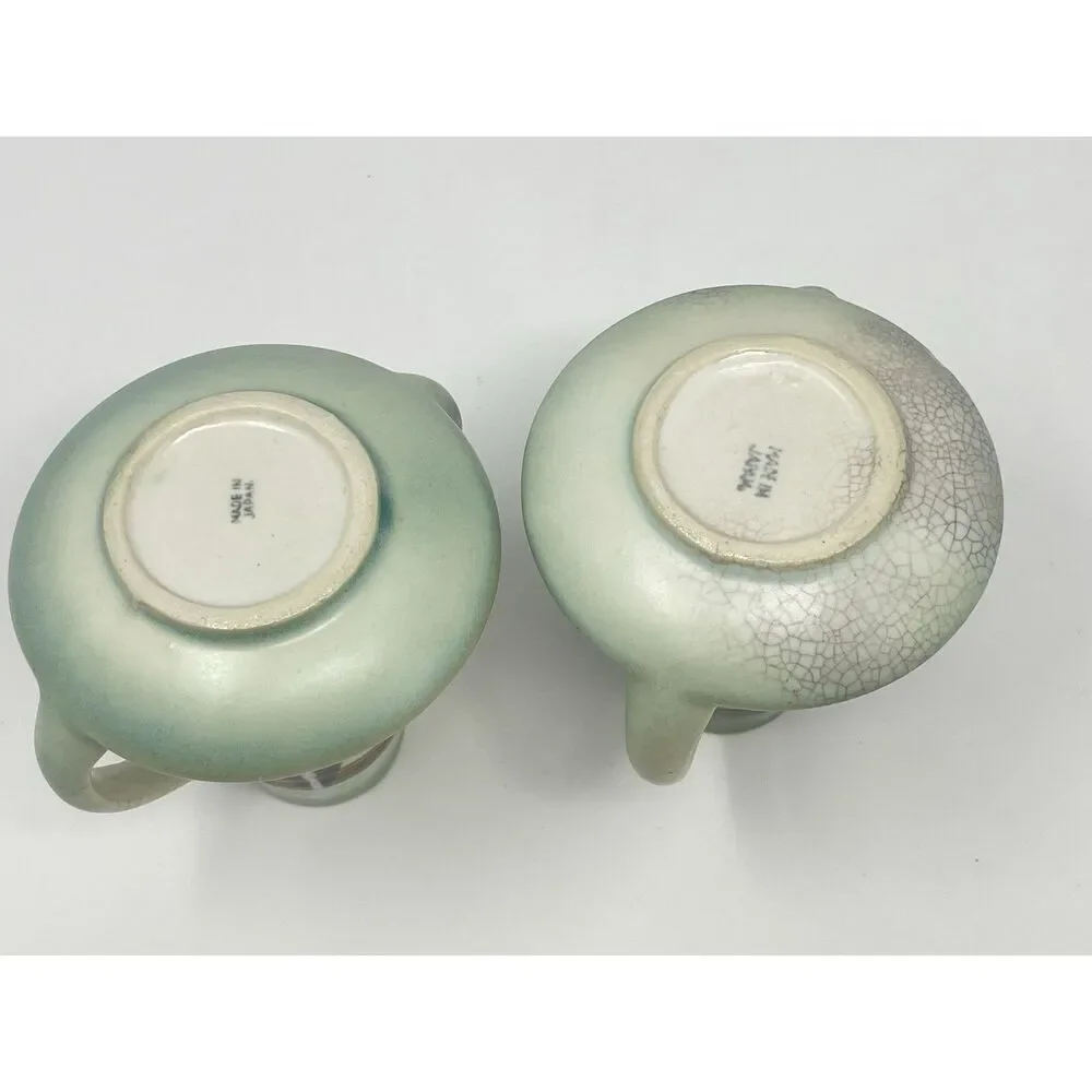 Vintage Made In Japan Double Handled Ceramic Vases Montacello 5” Green Set Of 2